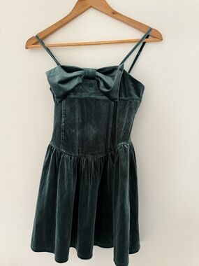 Velvet Bow-Front Spaghetti Strap Dress - Dark Green